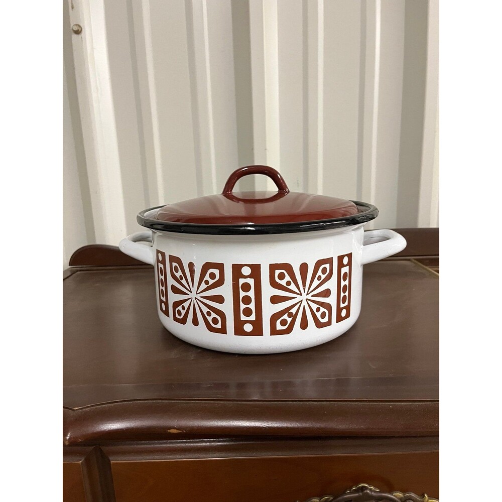Vintage Retro 1970’s MCM Romania Ero Enamelware Stock Pot White Brown